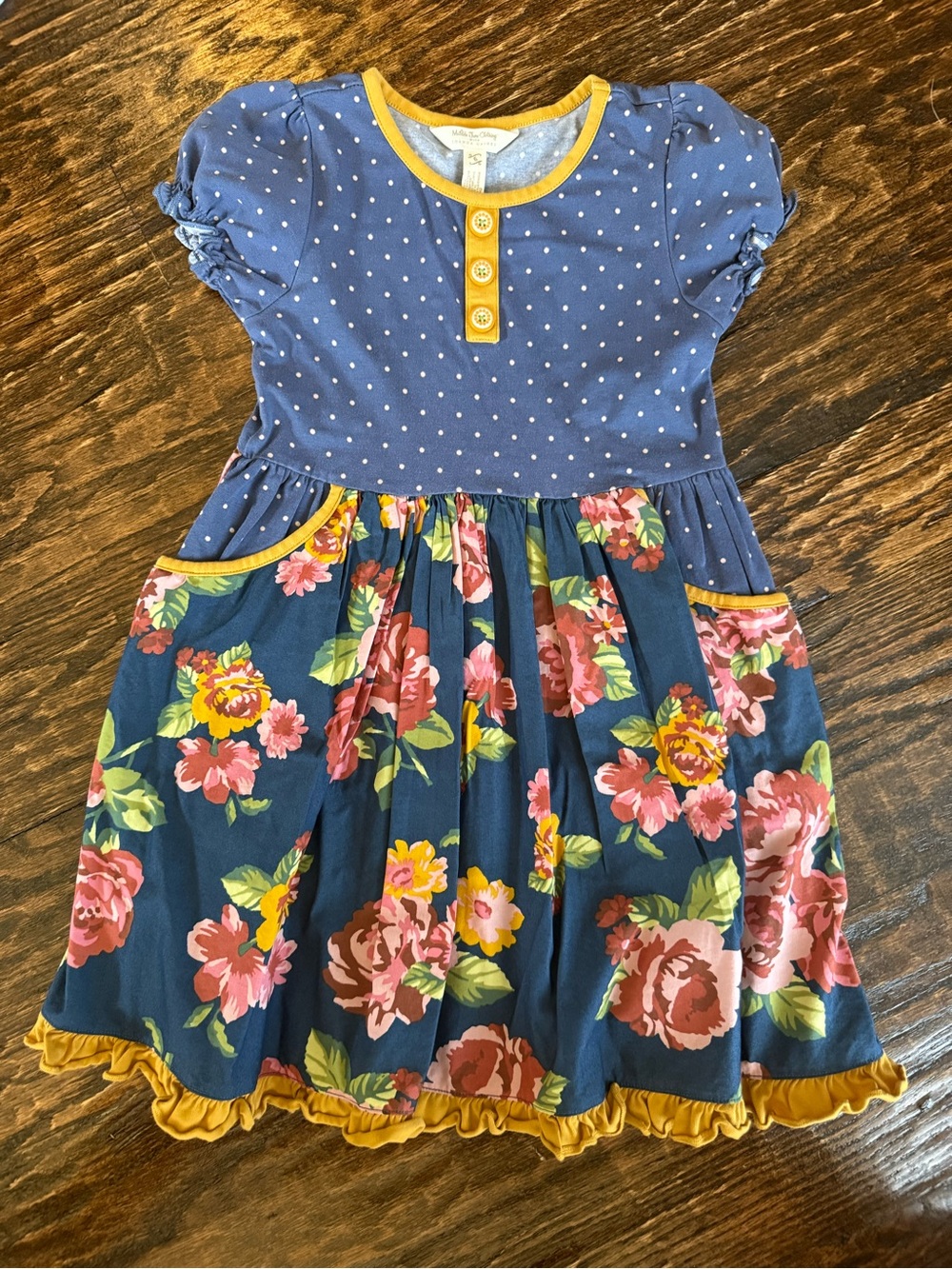 Matilda Jane Girls Blue Floral & Polka Dot Dress with Yellow Trim